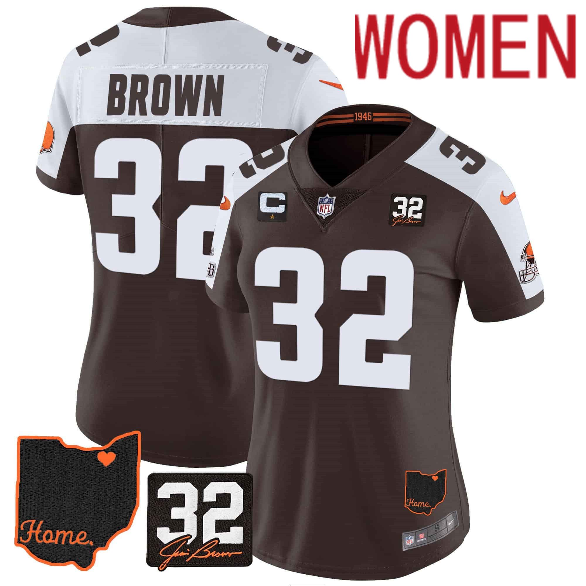 Women Cleveland Browns 32 Brown Brown Memorial Home Patch 2024 Nike NFL Jersey